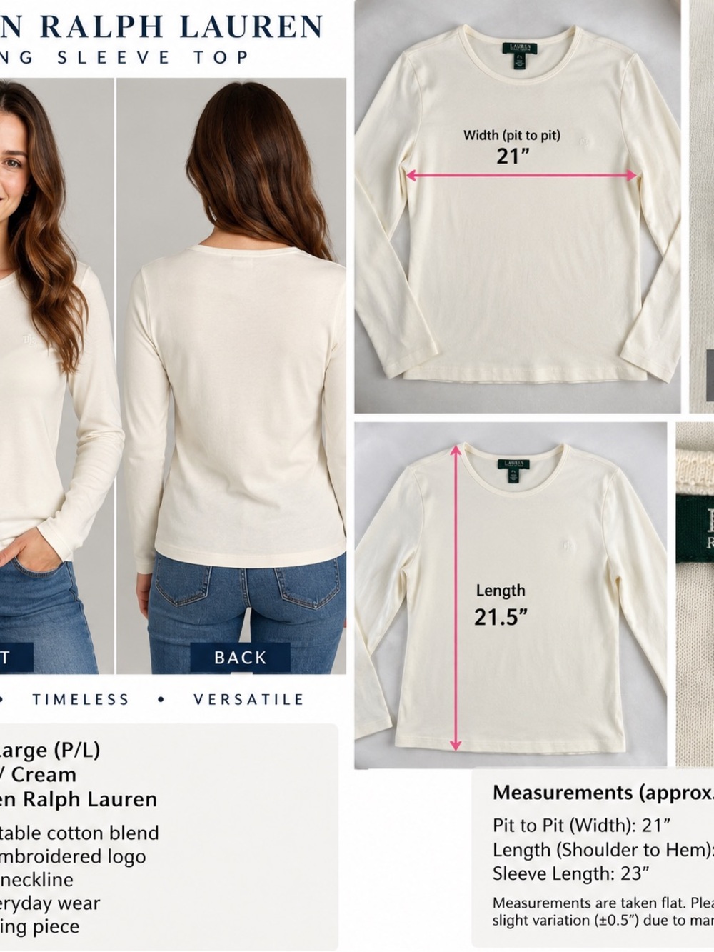 Ralph Lauren Long Sleeve Crew Neck Top — Cream